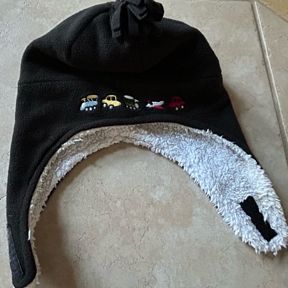 Black Fleece Winter Faux Fur Kids Hat with Car Embroidery